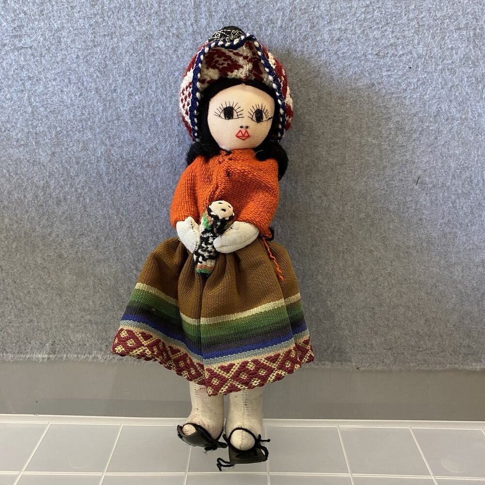 Handmade Peruvian Folk Art Rag Doll Mother With Baby Traditional Woven Costume